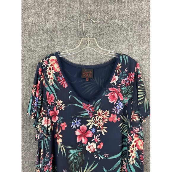 French Blue Floral Mesh Top Women 2X Navy Pink Excellent Flutter Sleeve V-Neck - Picture 2 of 11